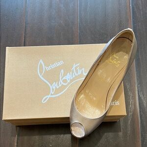 Christian Louboutin Light Gold Matatales 70 Peep Toe Wedges, size 38.5